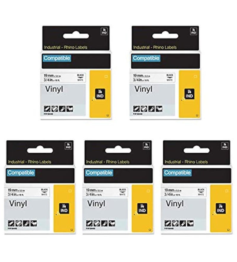 FlyLong Rhino 5200 4200 Label Tape Replacement for DYMO 18445 Vinyl 3/4" Industrial Permanent Tapes for DYMO Rhino 5200 5000 6000 Industrial Label Maker, Black on White, 19mm x 5.5m, 5pack - Image 1